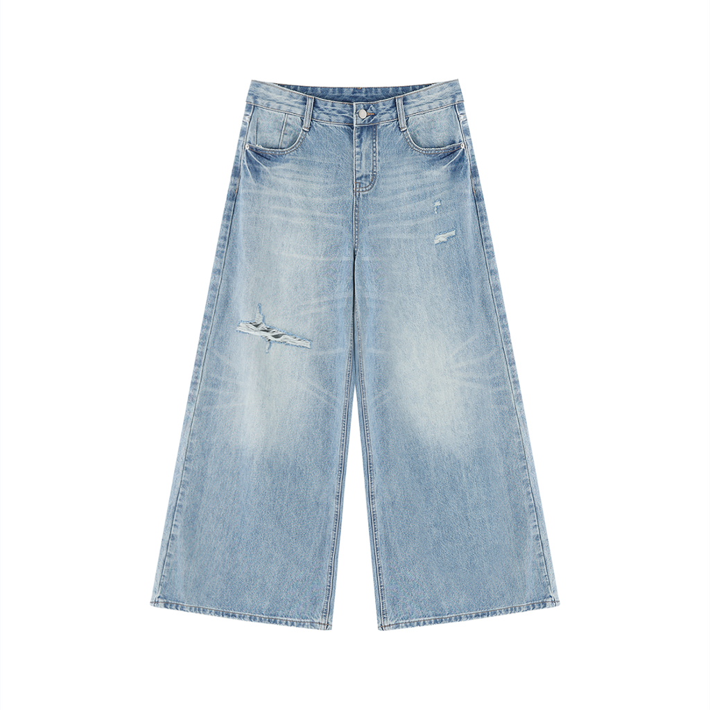 Escuro Women's Vintage Wash Distressed Wide Leg Jeans