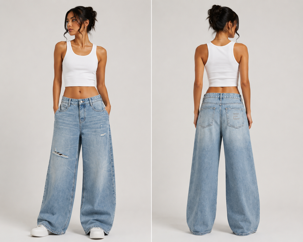 Escuro Women's Vintage Wash Distressed Wide Leg Jeans