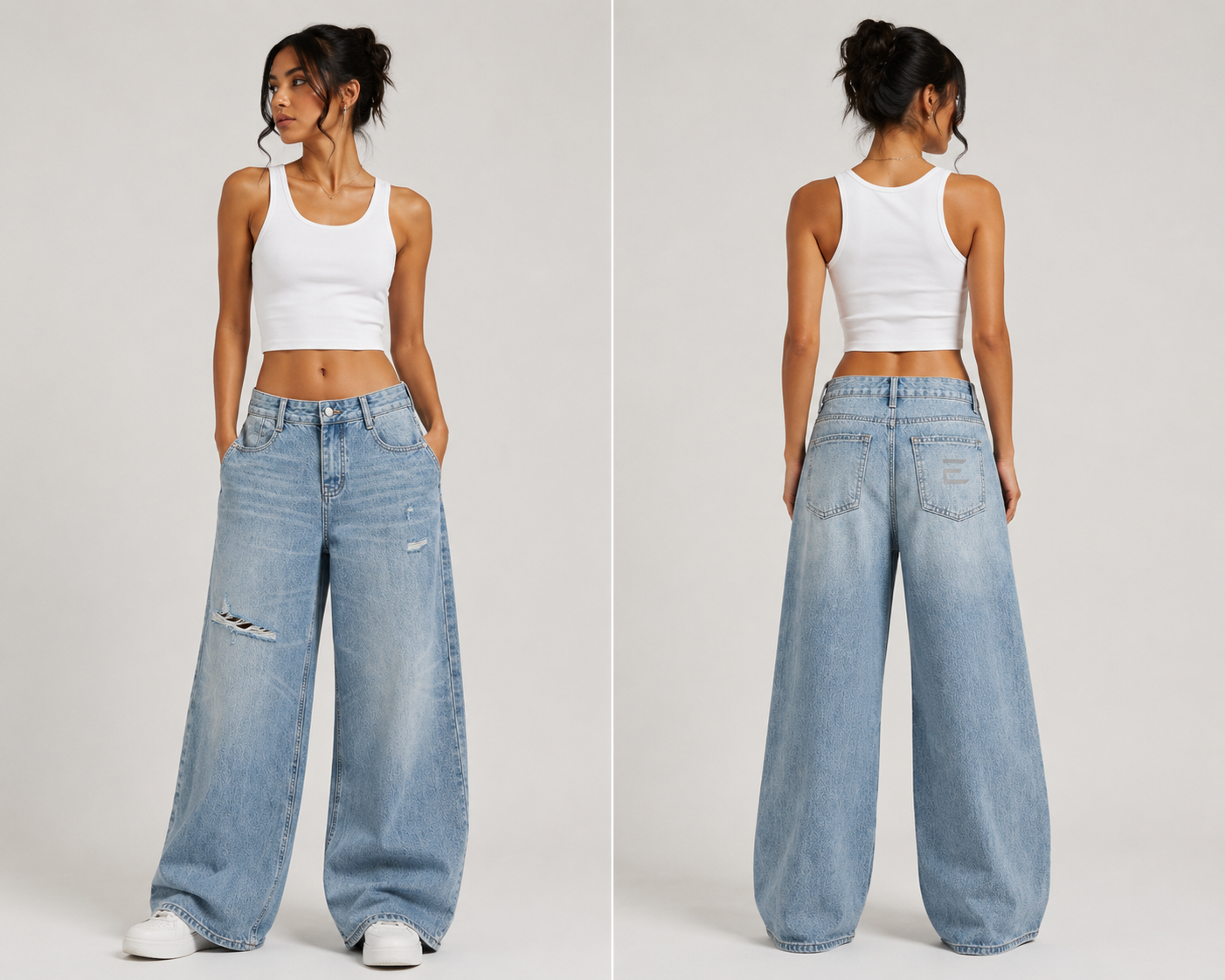 Escuro Women's Vintage Wash Distressed Wide Leg Jeans